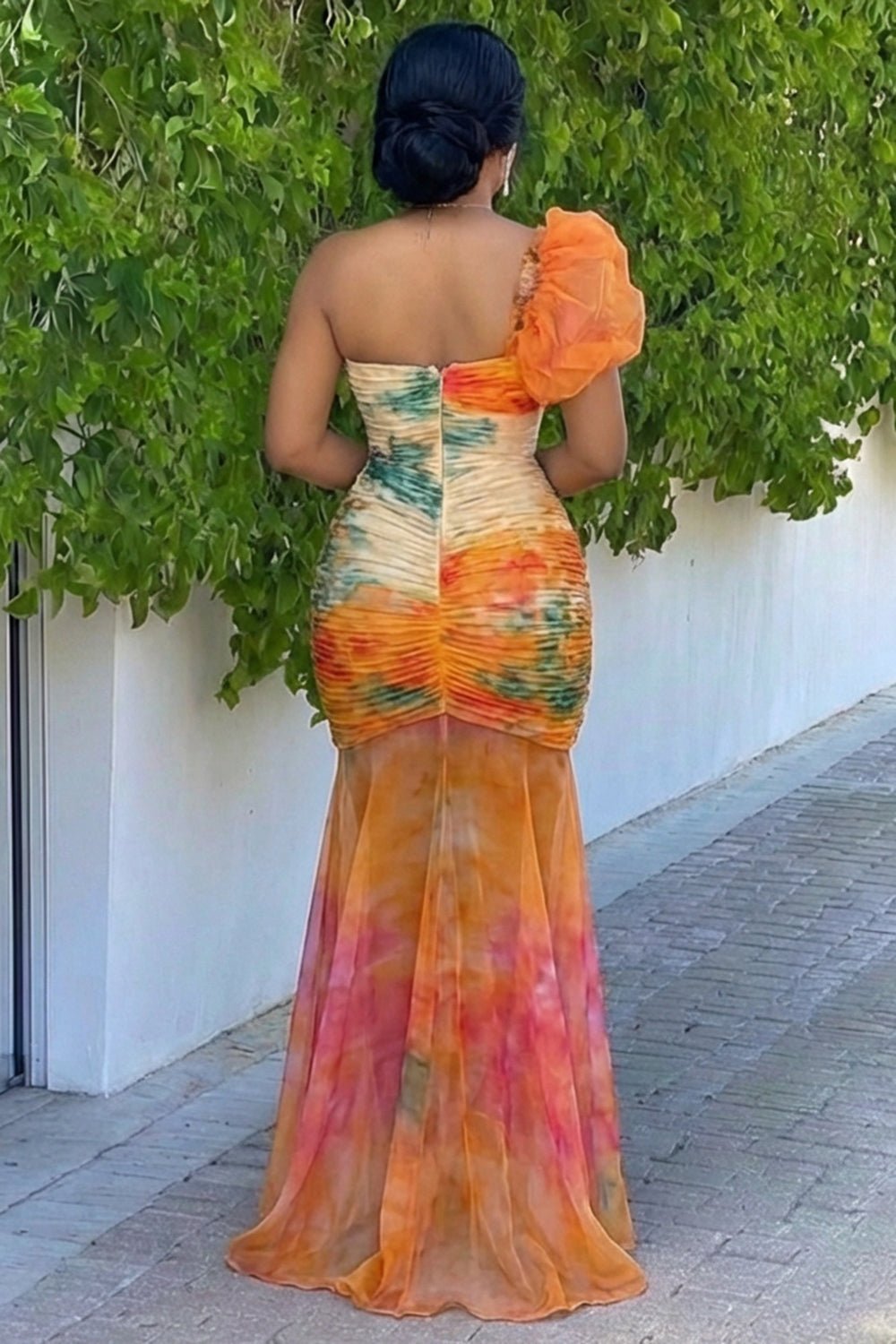 One Shoulder Ruched Mesh Hem Fishtail Maxi Dresses-Multicolor