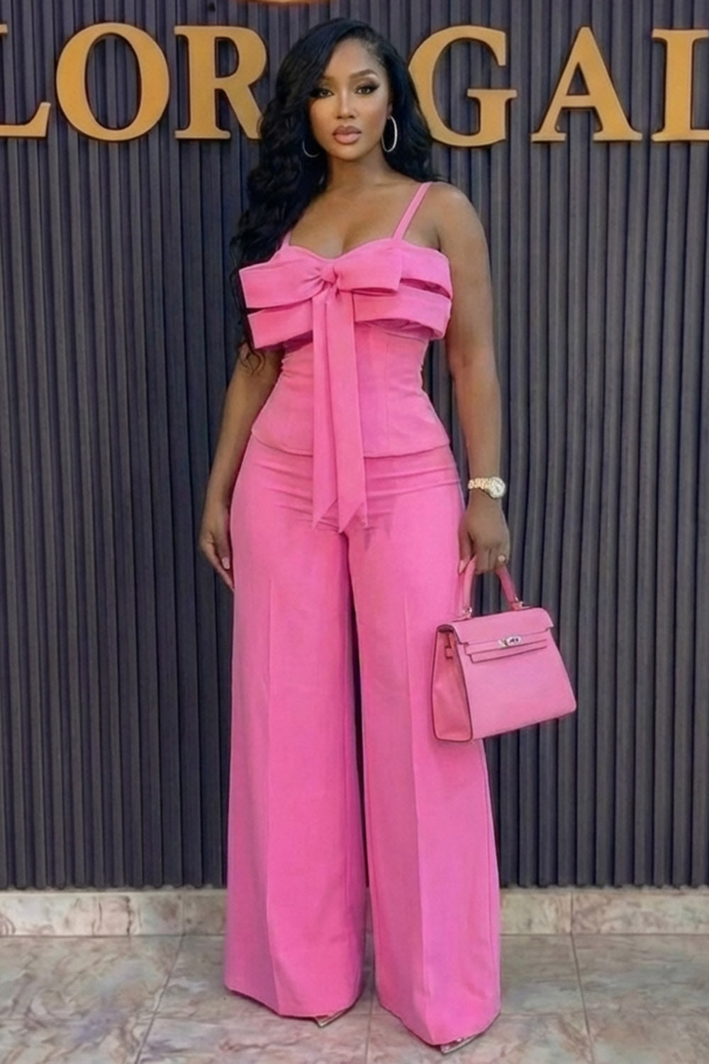 Cami Neck Sleeveless Bow Decor Solid Color Casual Jumpsuit-Pink
