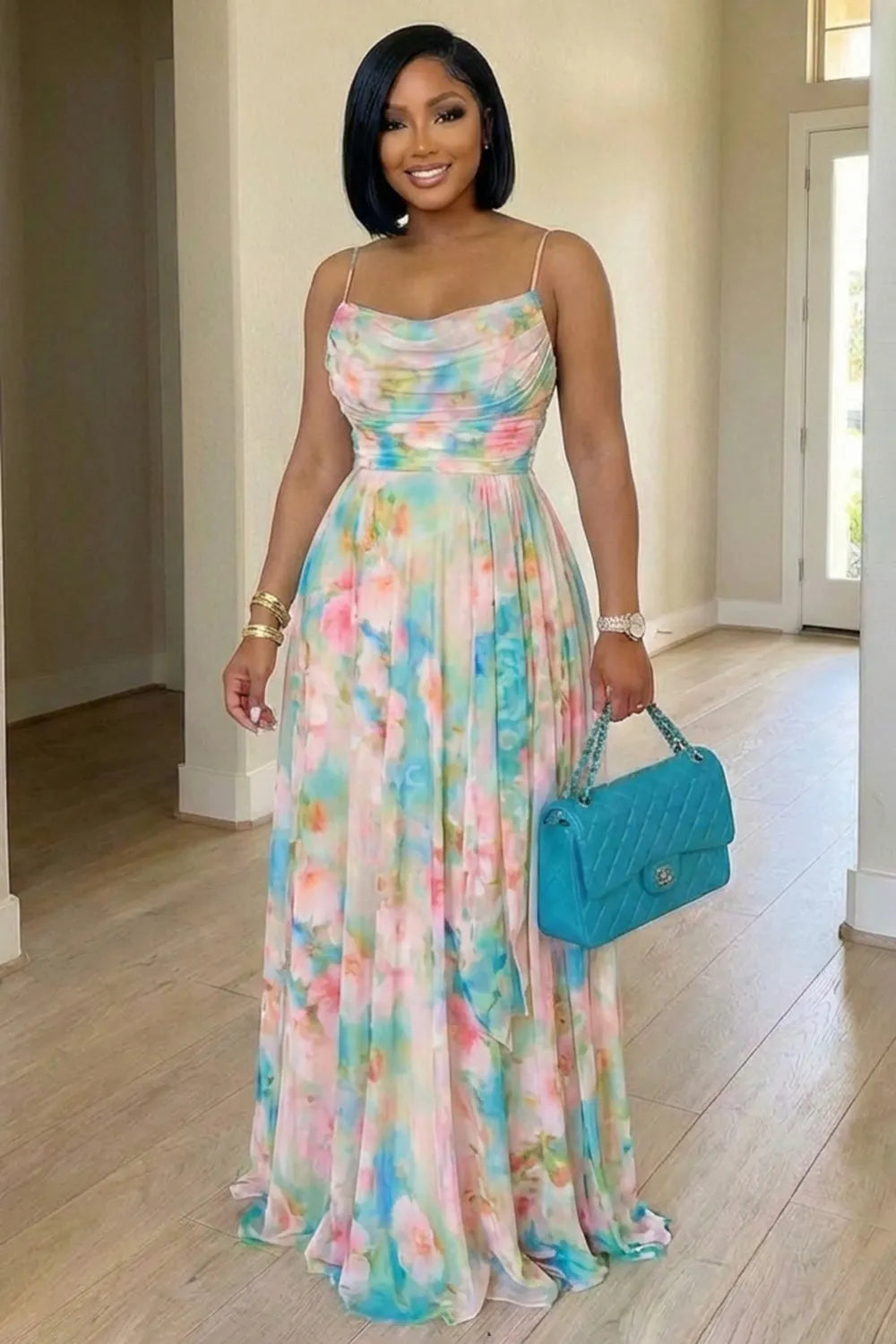 Spaghetti Strap Cinch Waist Floral Print Maxi Dresses-Multicolor