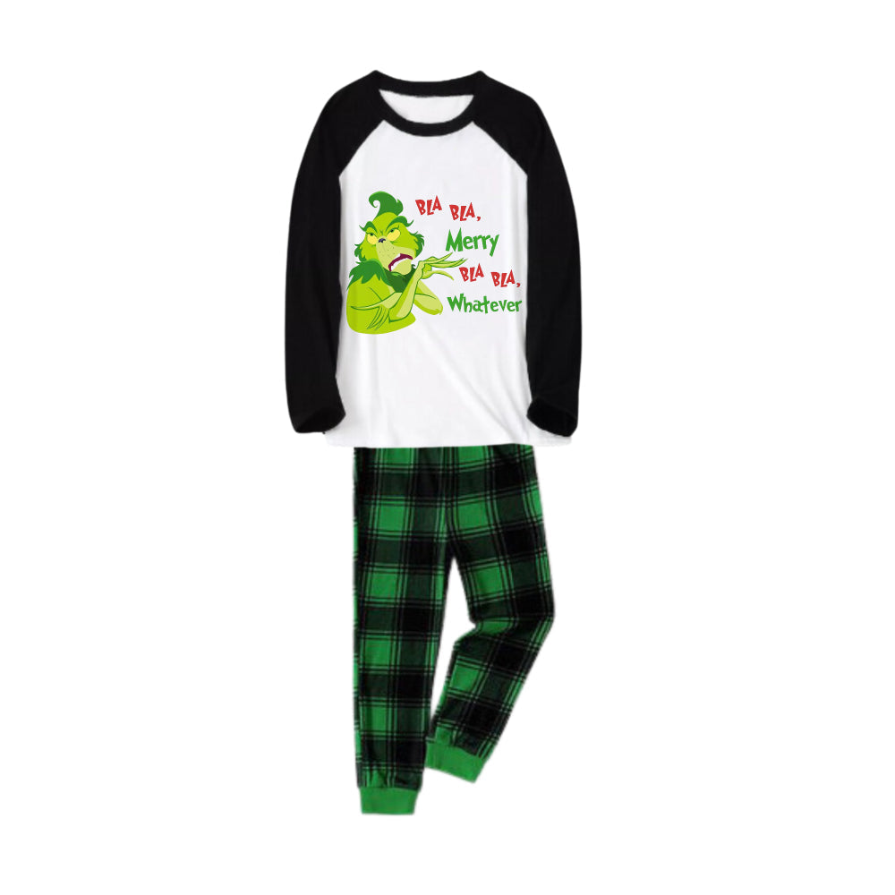 Black Raglan Top Green Plaid Christmas Pajamas Set With Funny Grinch and Holiday Text