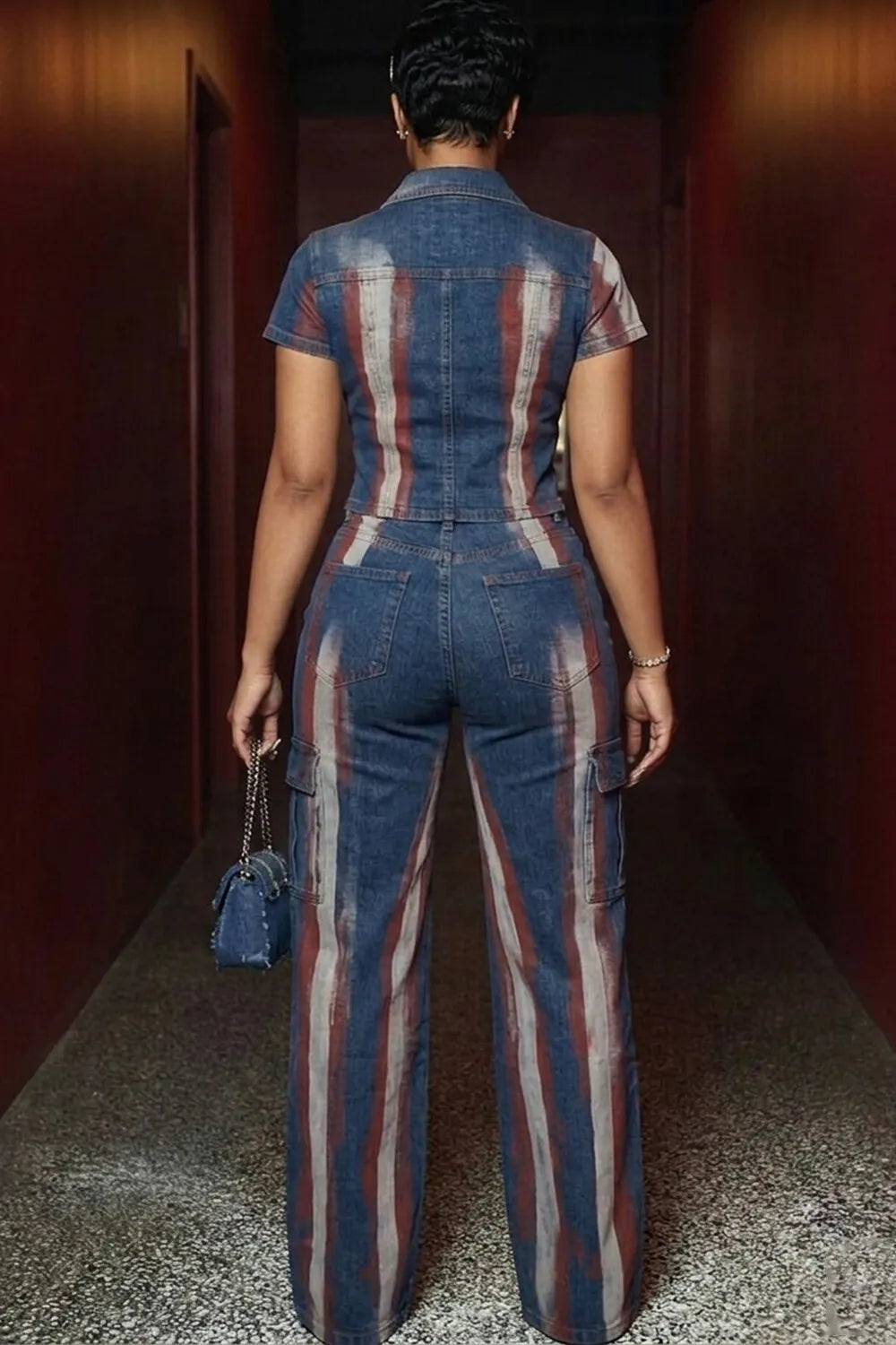 Stripe Print Zipper Top Cargo Pants Denim 2pcs Set-Multicolor [Pre Order]