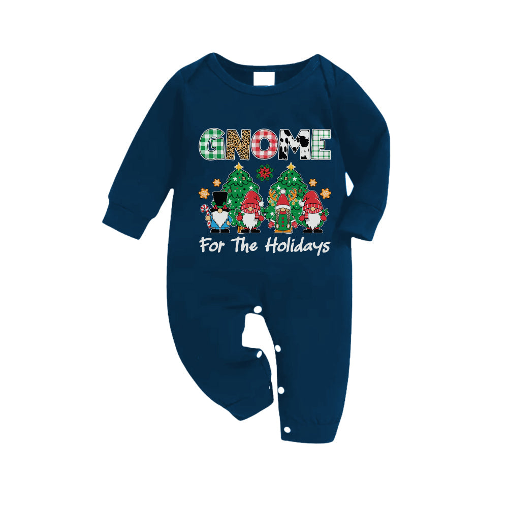 Christmas Family Matching Pajamas-Navy & Sky Blue Plaid Pjs Set with "Gnome For The Holidays" and Gnomies Cartoon Print