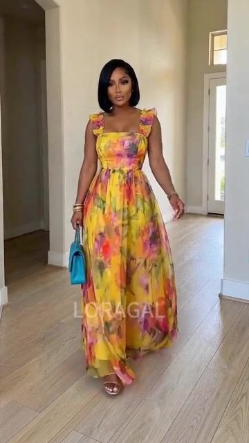 Ruffle Wide Straps Cinch Waist Floral Print Maxi Dresses-Yellow