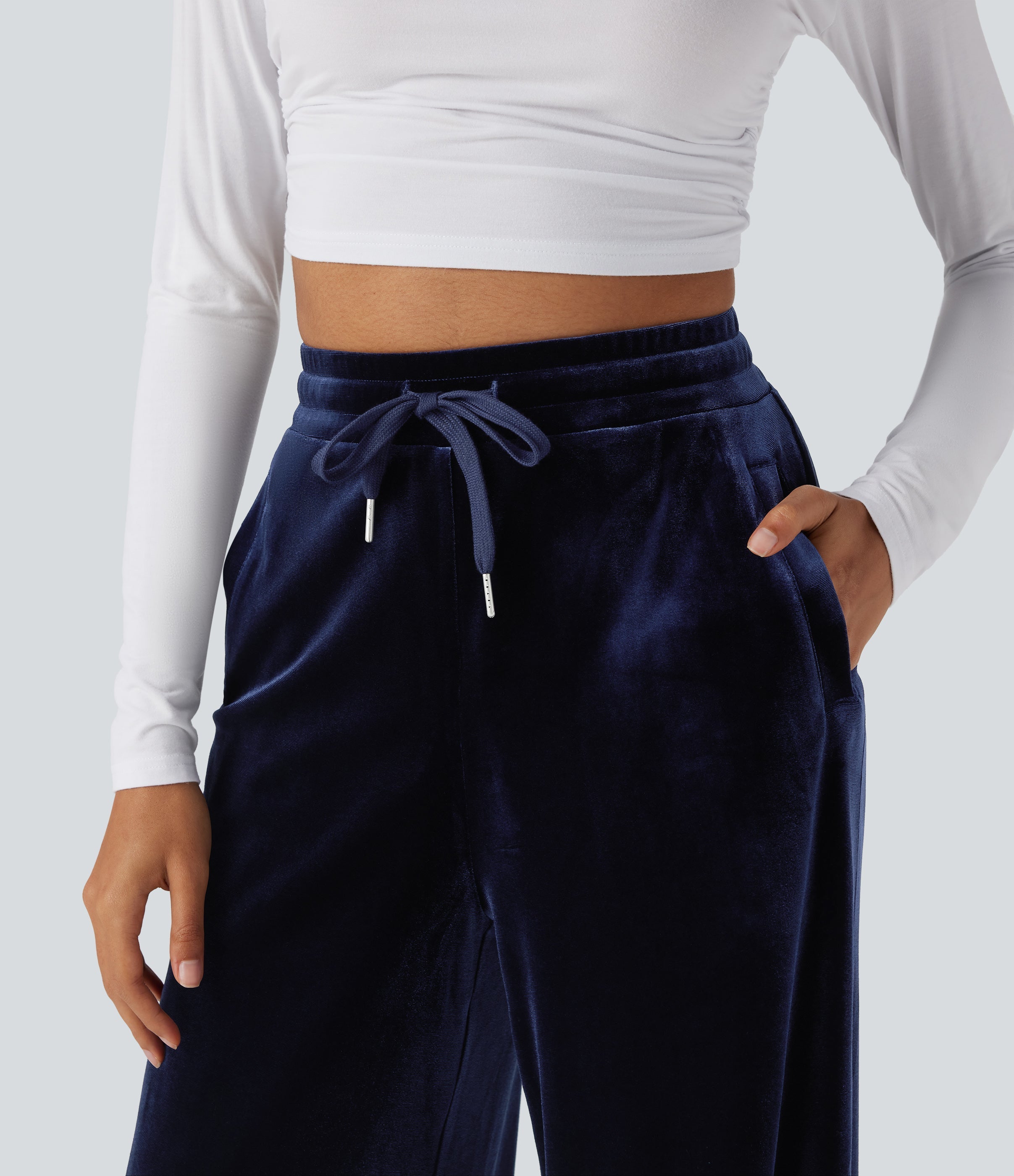 High Waisted Drawstring Wide Leg Velvet Casual Pants with Pockets