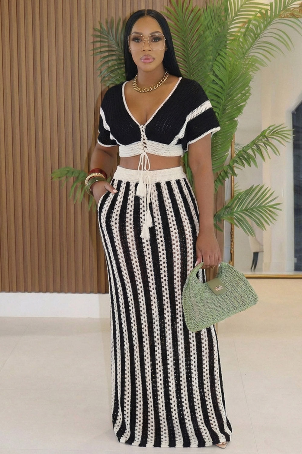 Crochet V Neck Lace-Up Crop Top Maxi Skirt 2pcs Set-Black