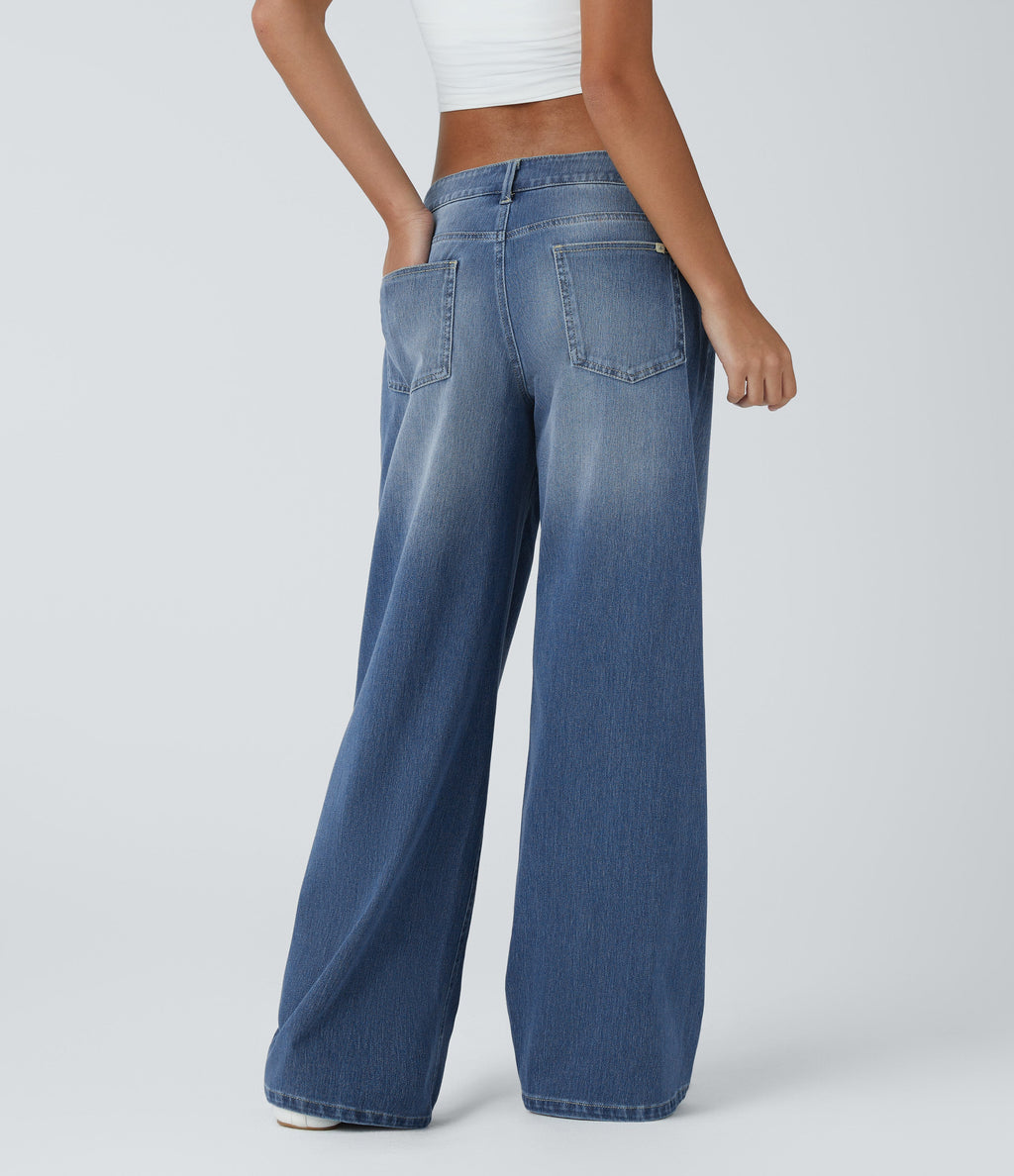FlexTM Asymmetric Low Rise Zipper Pockets Baggy Wide Leg Washed Casual Jeans