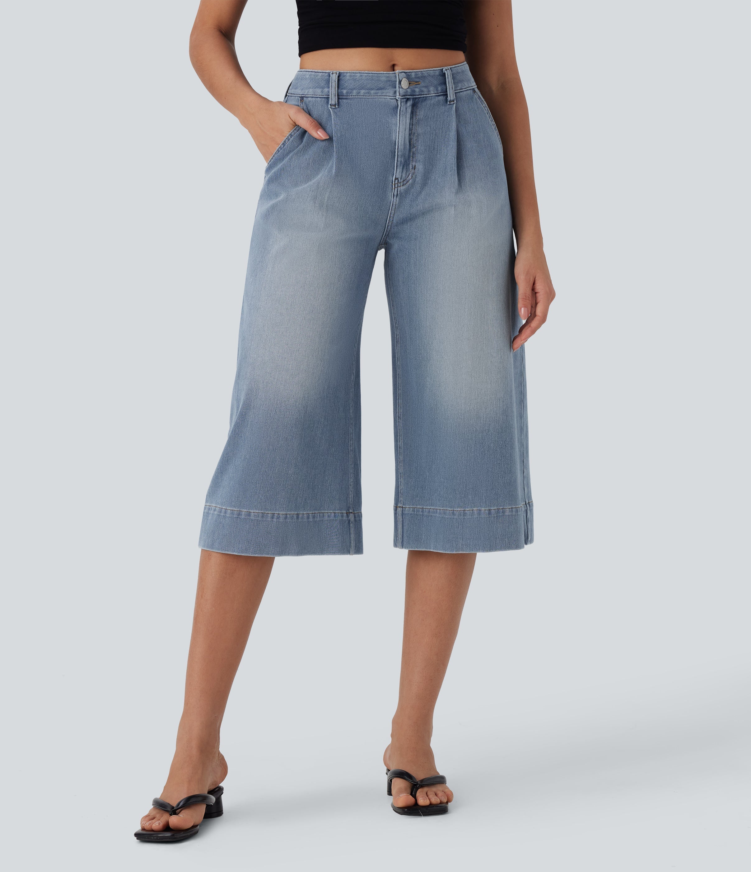 FlexTM Mid Rise Capri Wide Leg Washed Casual Jeans with Pockets