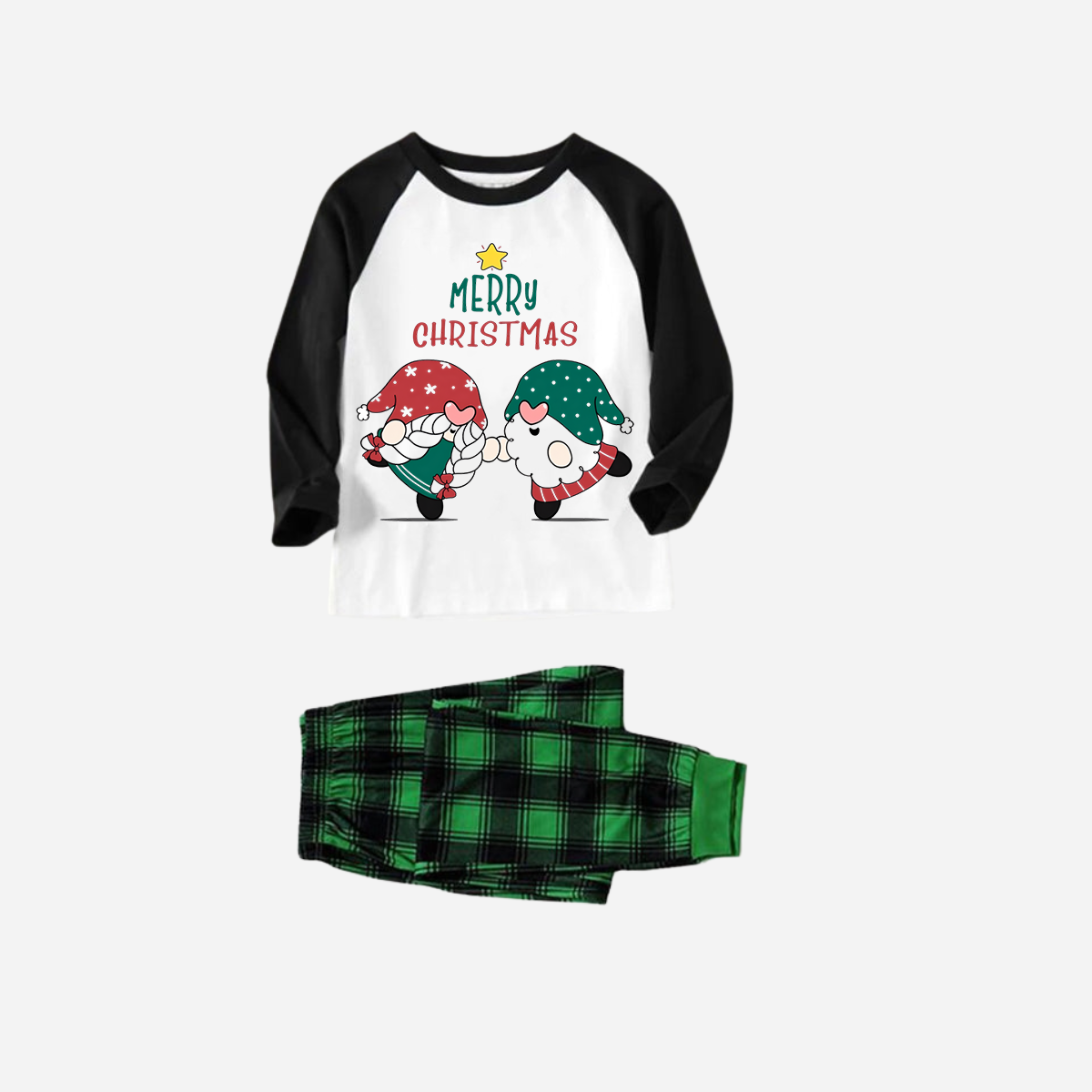 Black Raglan Top Green Plaid Christmas Pajamas Set With Gnome and Merry Christmas Text Print