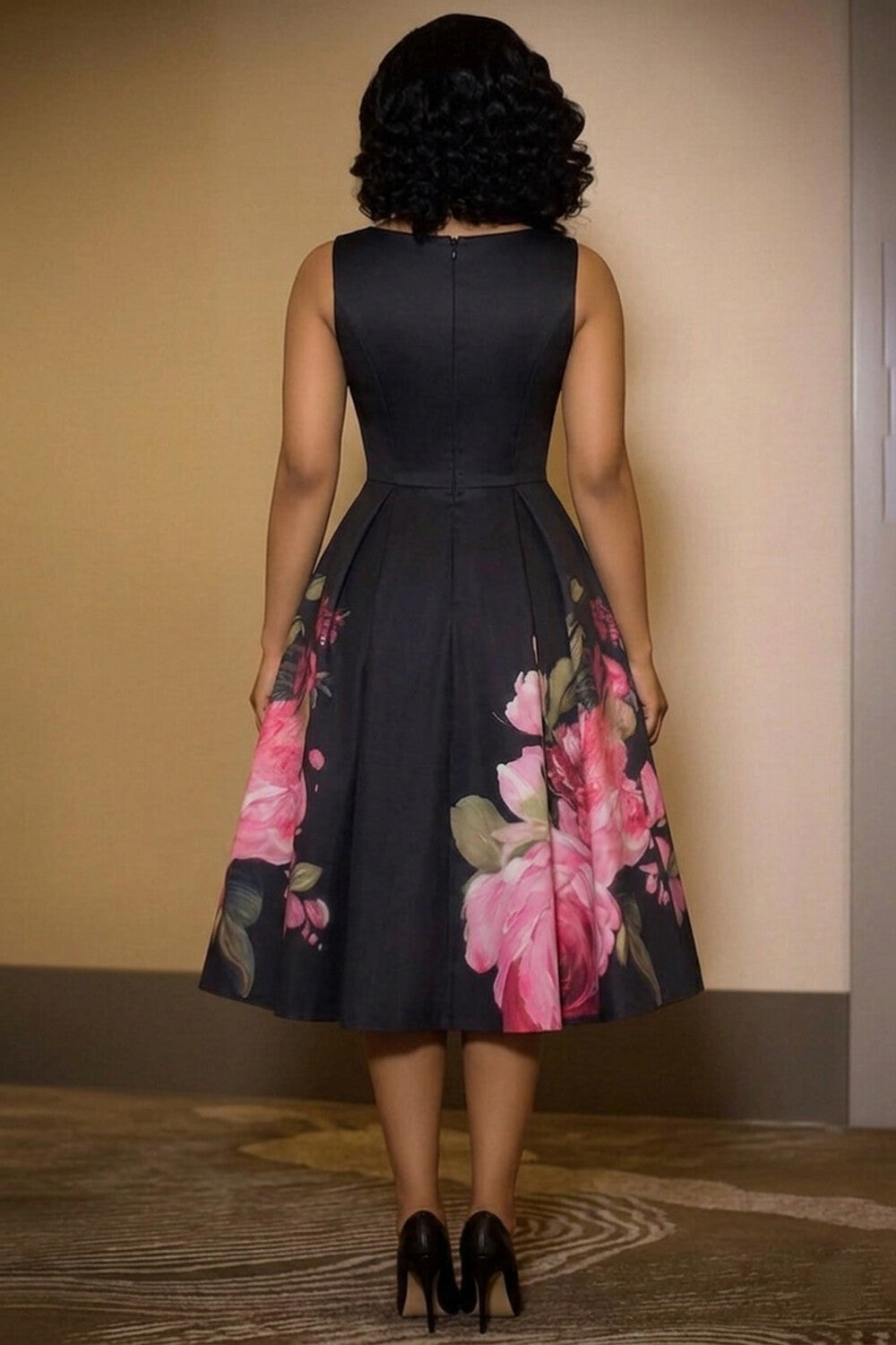Round Neck Sleeveless Floral Print Gowns Midi Dresses-Black