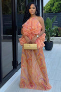 Halter Backless Layered Ruffles Loose Fit Maxi Dresses-Orange