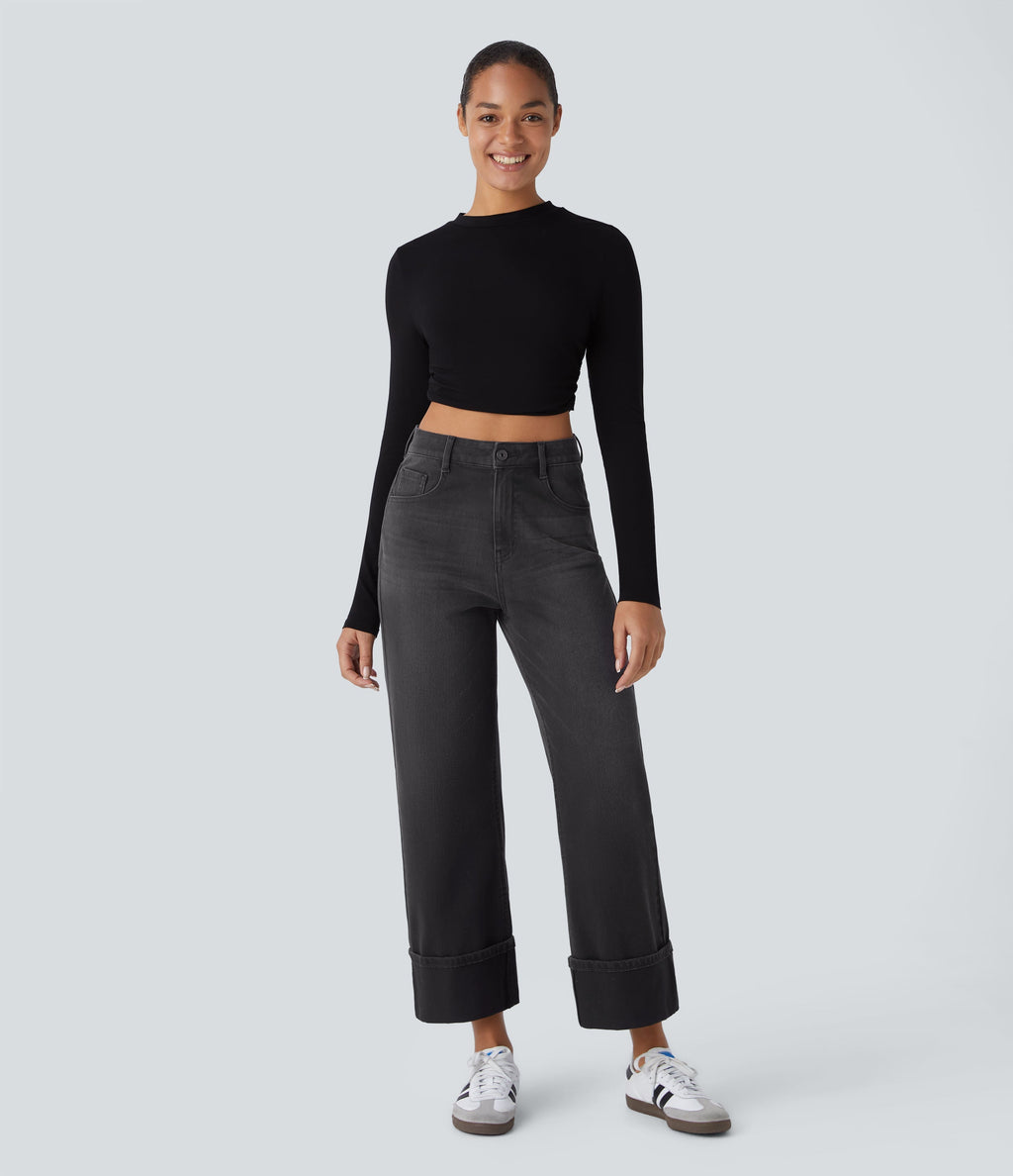 FlexTM High Waisted Multiple Pockets Rolled Hem Wide Leg Washed Stretchy Knit Casual Jeans