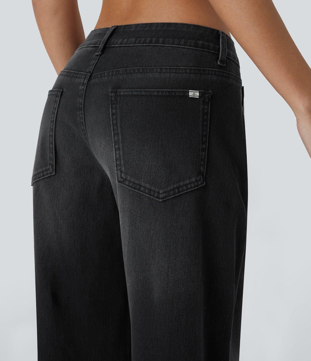 FlexTM Asymmetric Low Rise Zipper Pockets Baggy Wide Leg Washed Casual Jeans