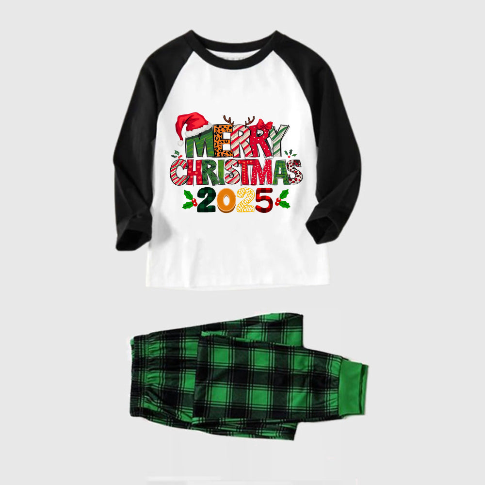 Black Raglan Top Green Plaid Christmas Pajamas Set With Colorful Merry Christmas 2025 Holiday Text