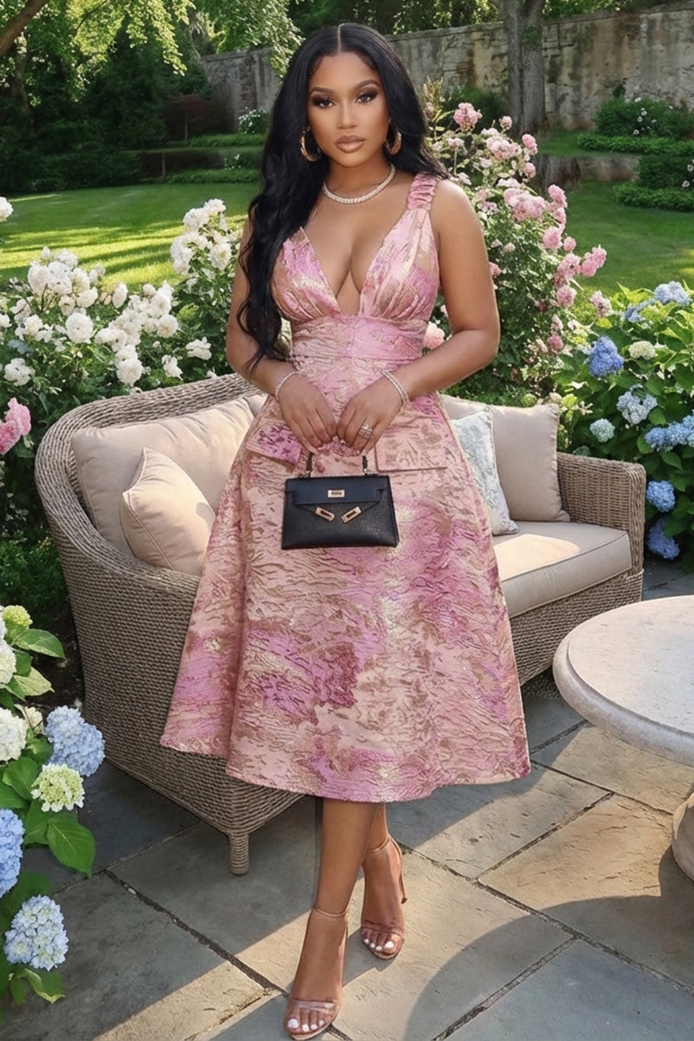 Deep V Neck Sleeveless Jacquard Bouffant Gowns Midi Dresses-Pink