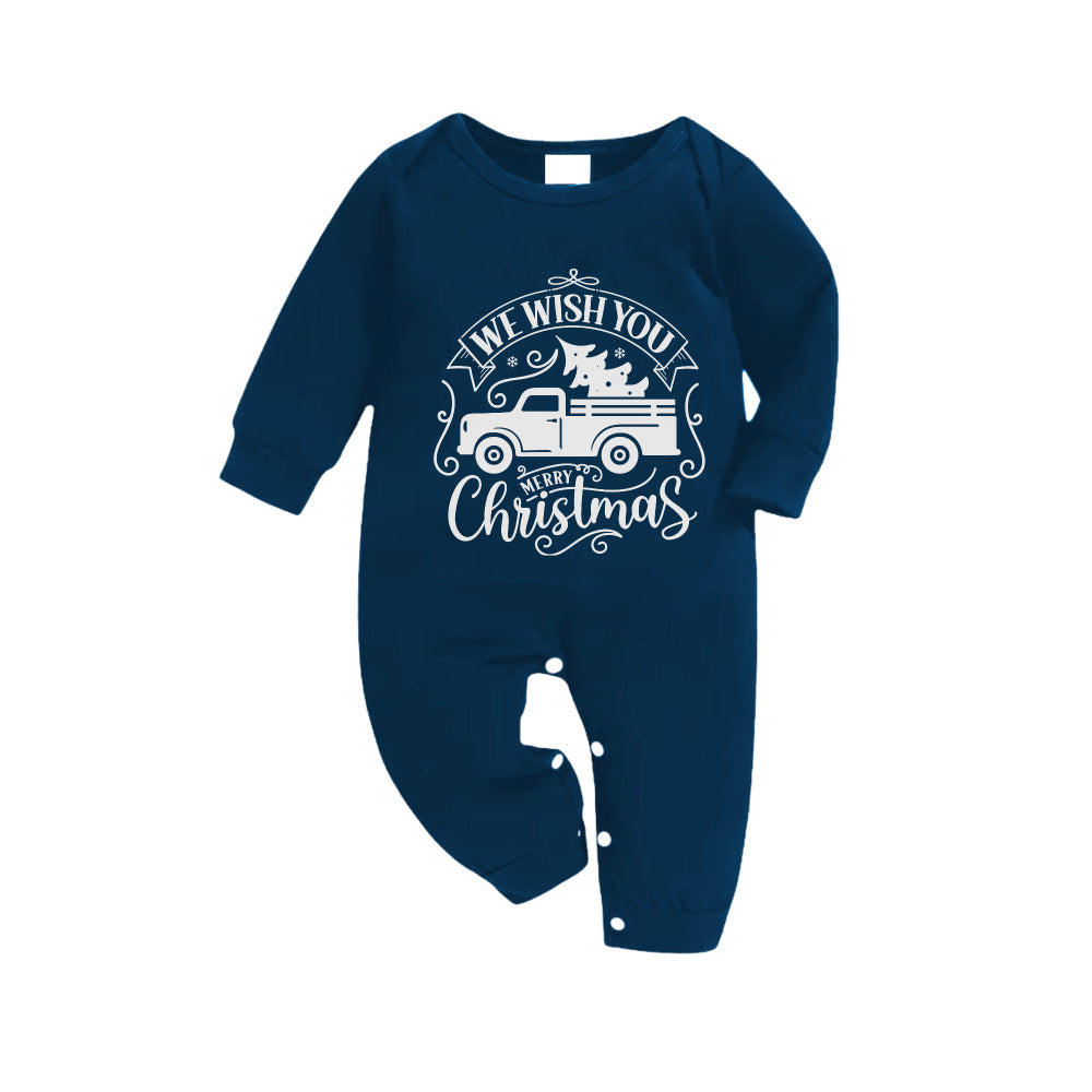 Christmas Family Matching Pajamas-Navy & Sky Blue Plaid Pjs Set with "We Wish You A Merry Christmas" and Christmas Car Pattern Print