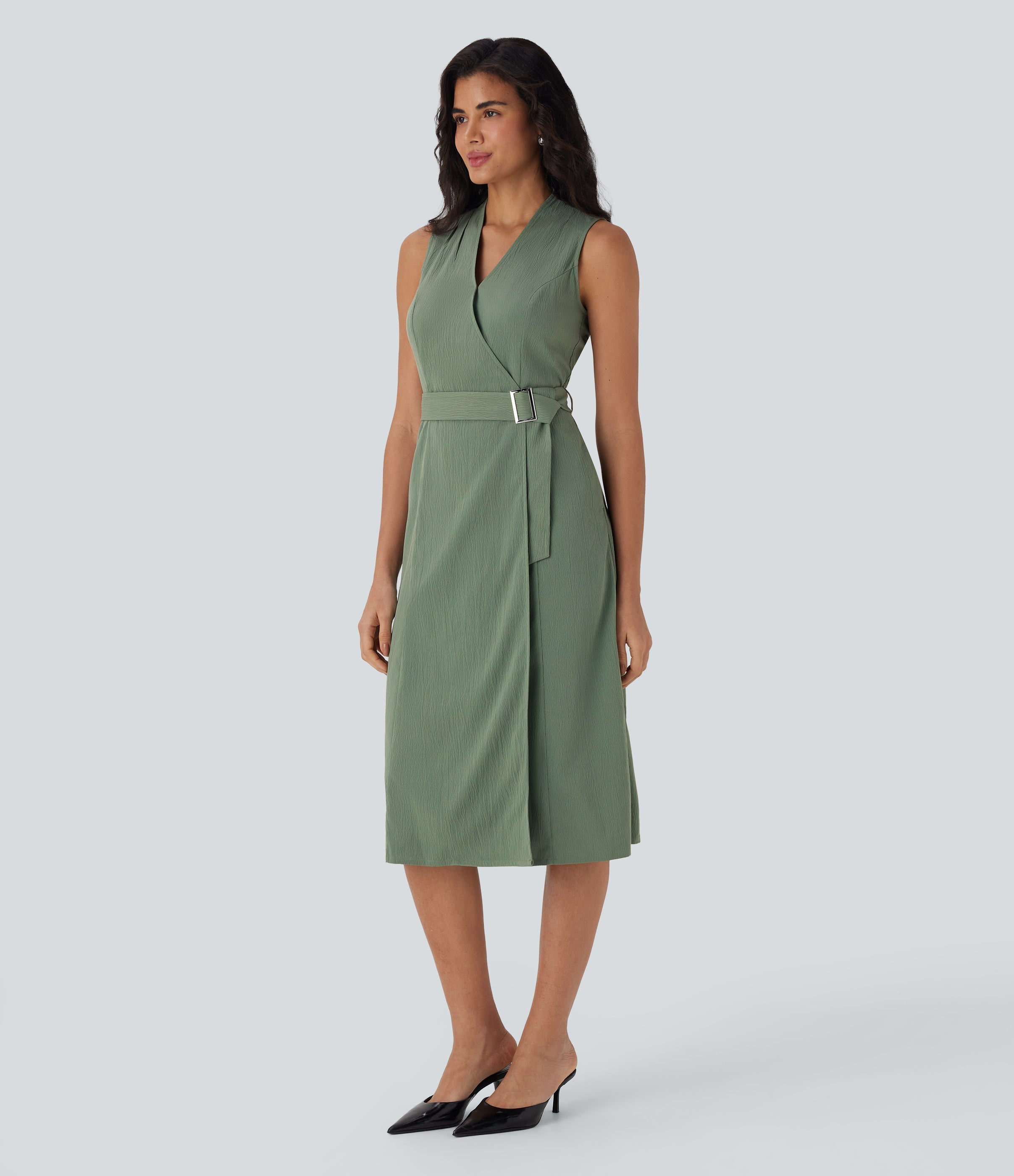 Anti-wrinkle V Neck Sleeveless Wrapped Belted Midi Travel Dress with Pockets