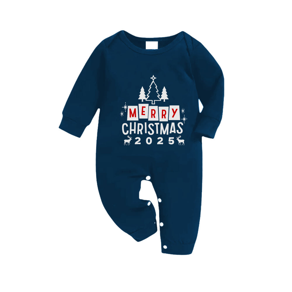 Christmas Family Matching Pajamas-Navy & Sky Blue Plaid Pjs Set with "Merry Christmas 2025" Print