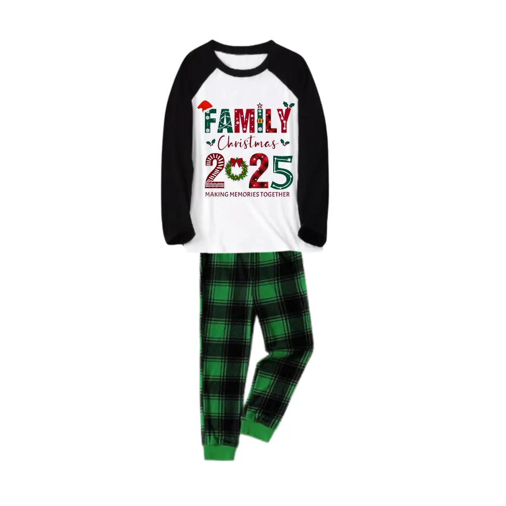 Black Raglan Top Green Plaid Christmas Pajamas Set With Christmas Holiday Text