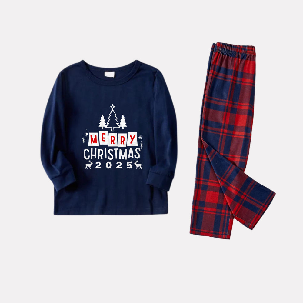Christmas Family Matching Pajamas-Navy & Red Plaid Pjs Set with "Merry Christmas" Print
