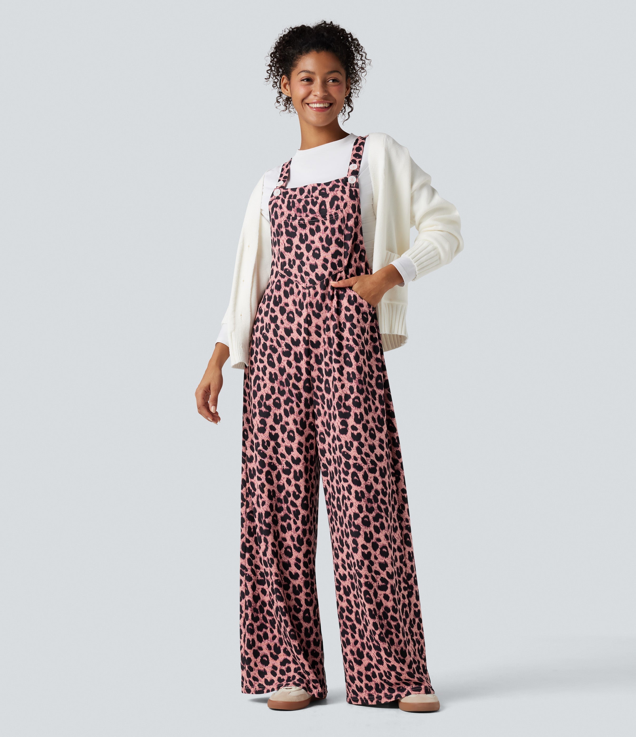 Leopard Print Waffle Casual Overalls with Pockets