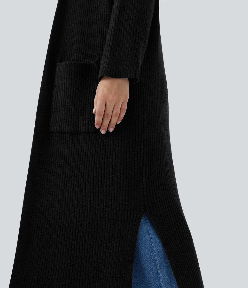 Hooded Long Sleeve Pocket Longline Casual Plus Size Cardigan
