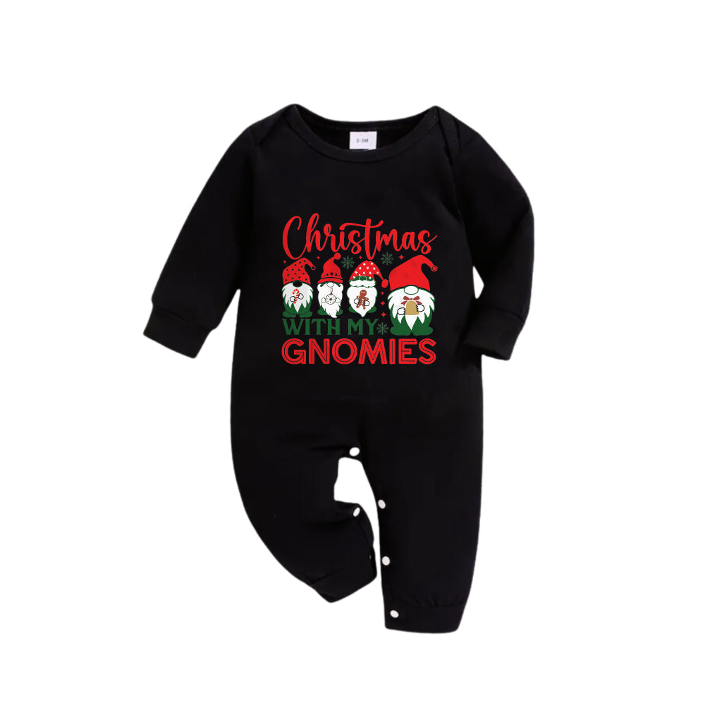 Christmas Family Matching Pajamas-Black Top and Green Plaid Pants Pjs Set with Gnome Family and "Christmas With My Gnomies" Print