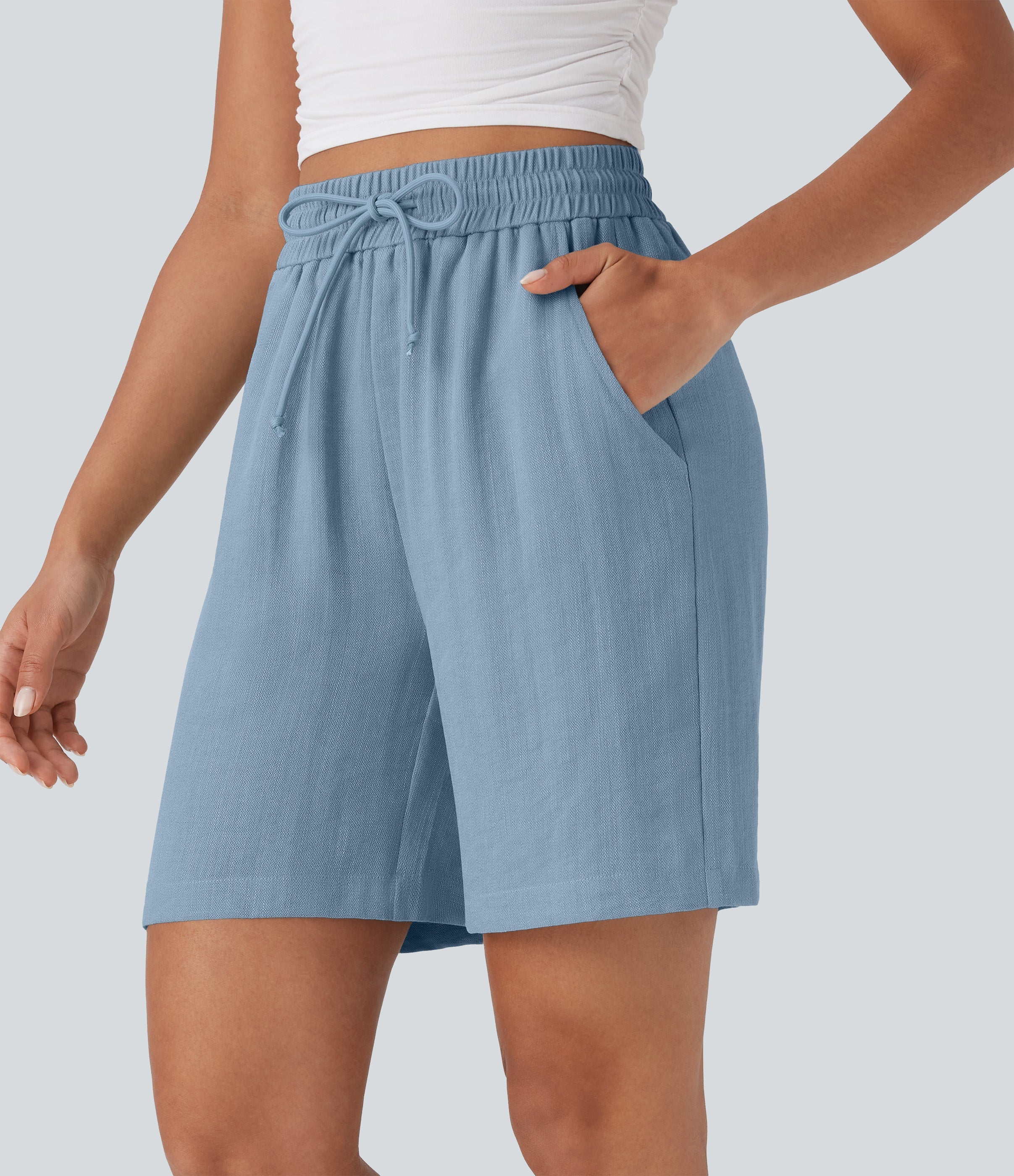 High Waisted Drawstring Casual Linen-Feel Shorts with Pockets