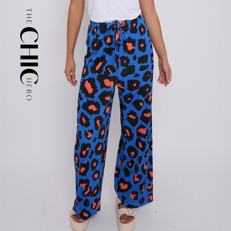 Blue Leopard Abstract Print Wide-Leg Drawstring Palazzo Pleated Pants