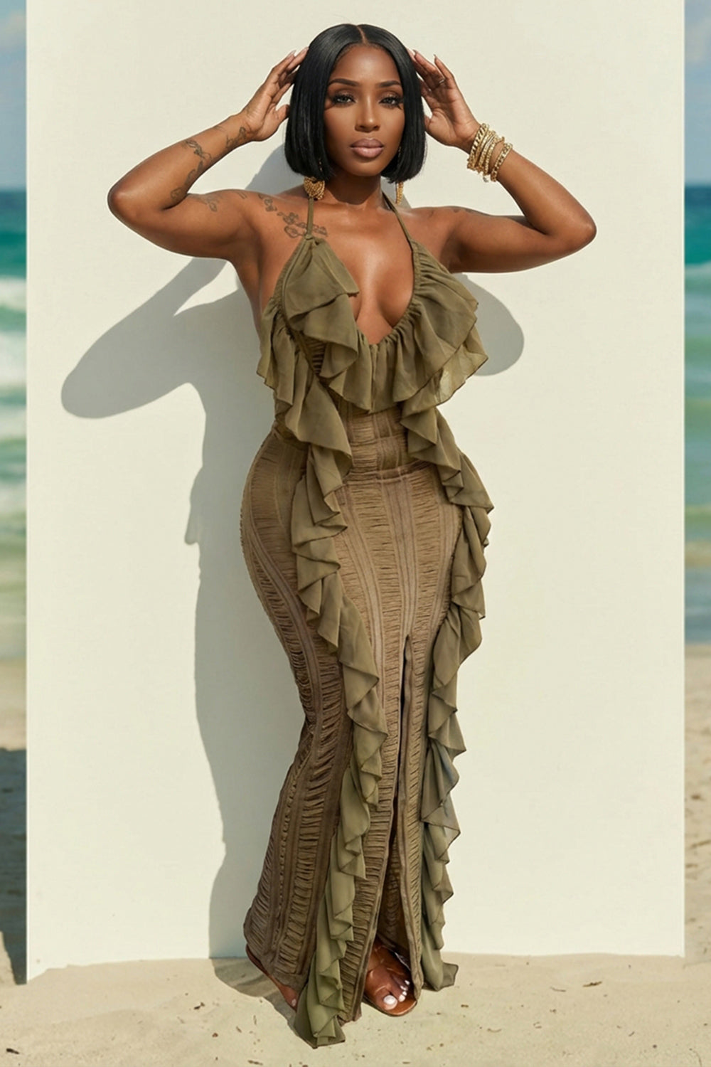 Halter Backless Ruffle Trim Slit Slim Fit Maxi Dresses-Green