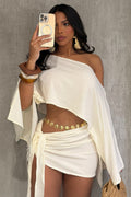 Solid Color Off Shoulder Slit Long Sleeve Crop Top Ruched Mini Skirt Set-Brown