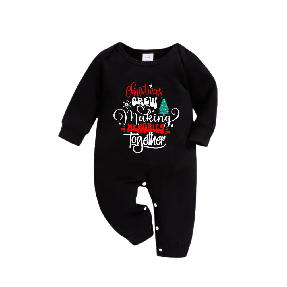 Christmas Family Matching Pajamas-Black Top and Green Plaid Pants Pjs Set with "Christmas Crew Making Memories Together" Artistic Font Print