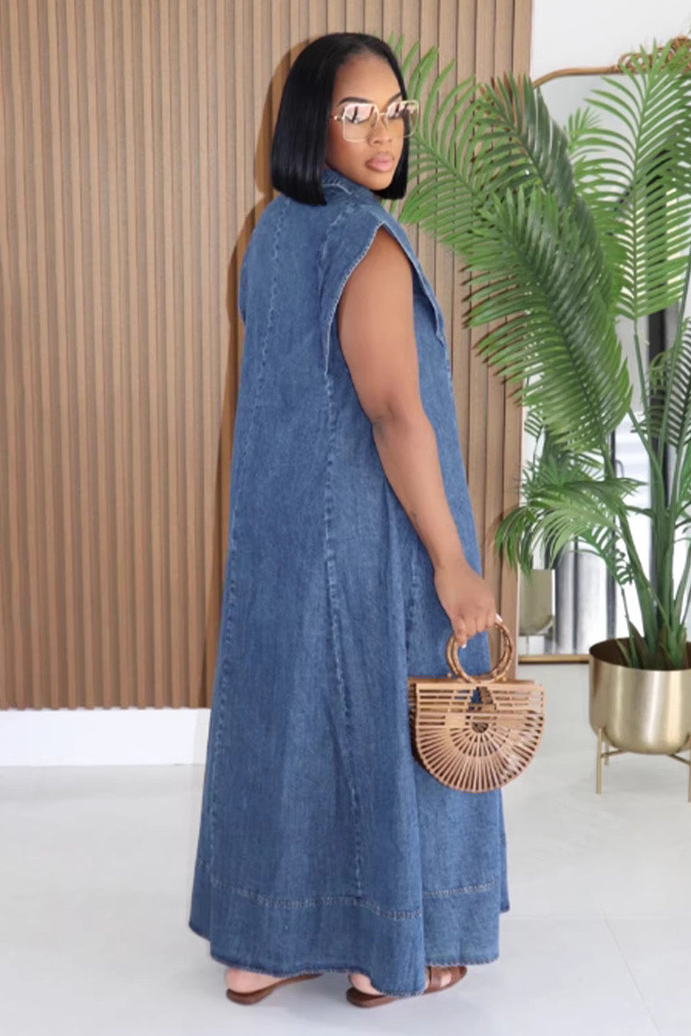 Denim Shirt Collar Cap Sleeve Slant Pocket Loose Casual Maxi Dresses-Blue