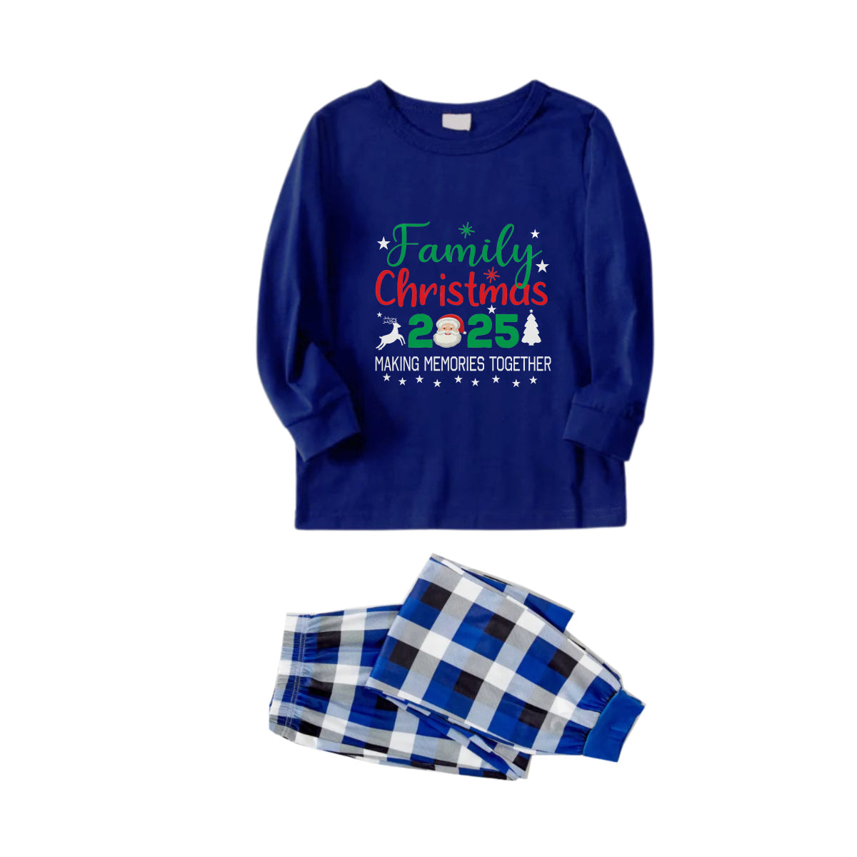 Christmas Family Matching Pajamas-Navy & White Plaid Pjs Set with "Family Christmas 2025" and Santa Pattern Print