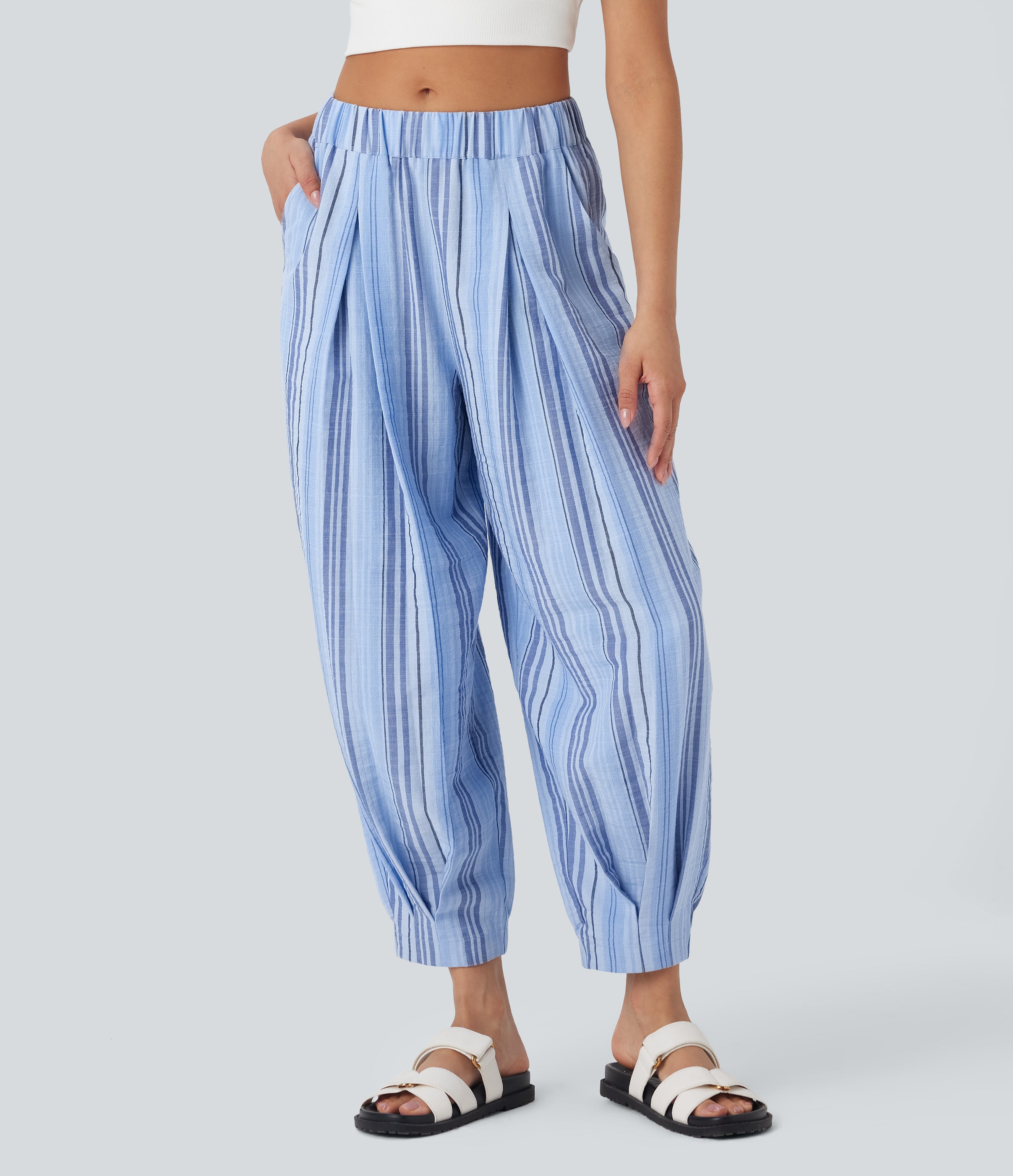 Mid Rise Stripe Casual Linen-Feel Joggers with Pockets