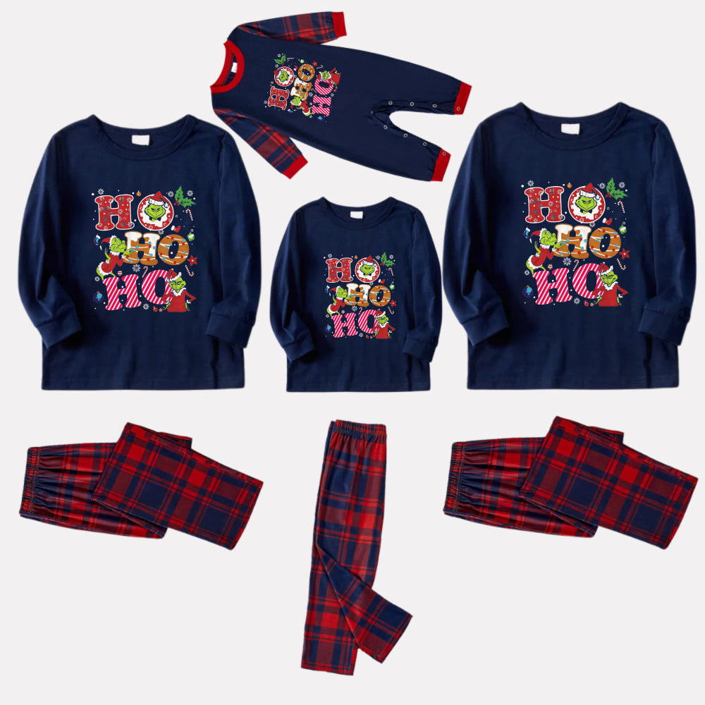 Christmas Family Matching Pajamas-Navy & Red Plaid Pjs Set with Grinch and "HO HO HO" Print