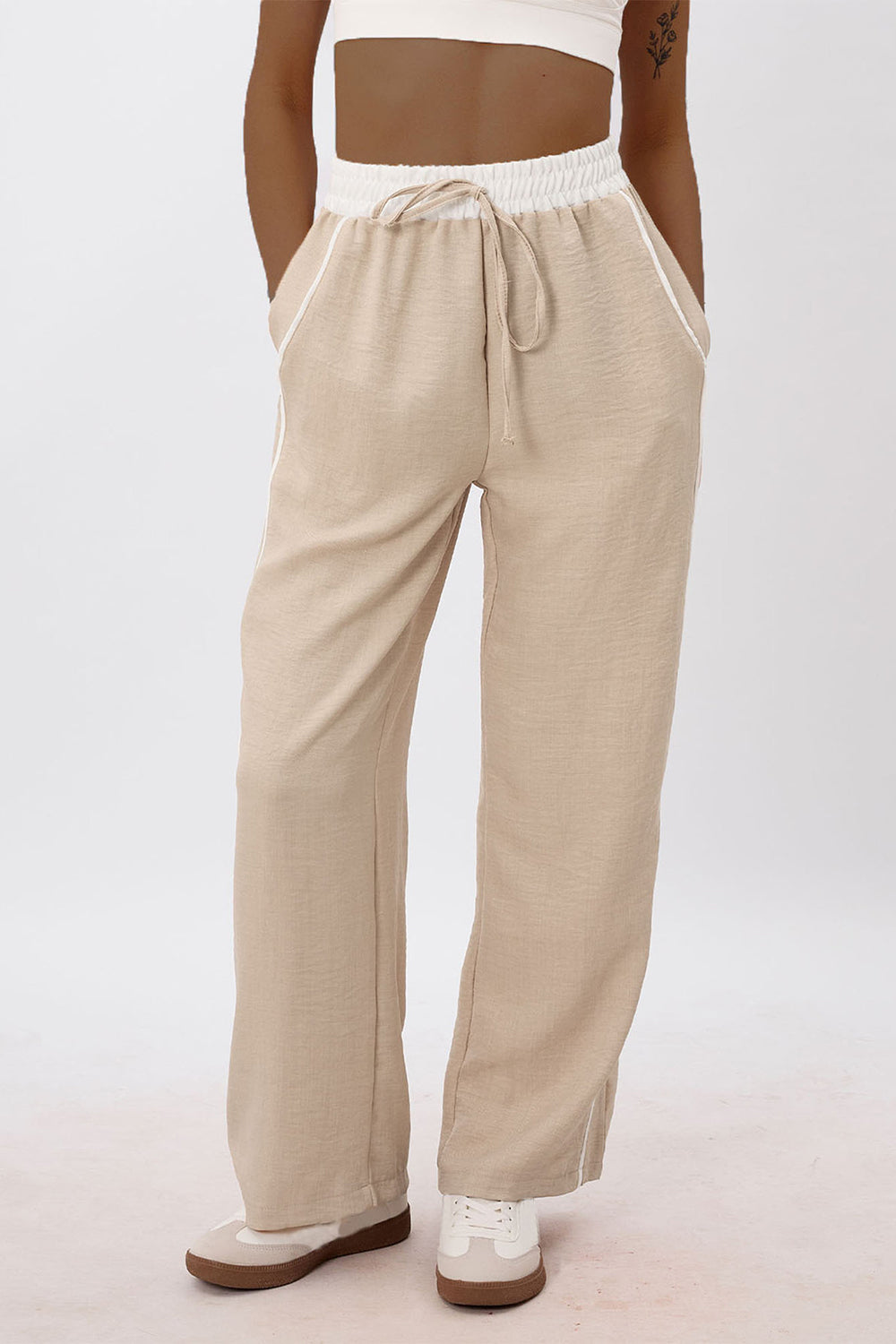 Smocking High Waist Drawstring Contrast Trim Casual Wide Leg Pants-Apricot