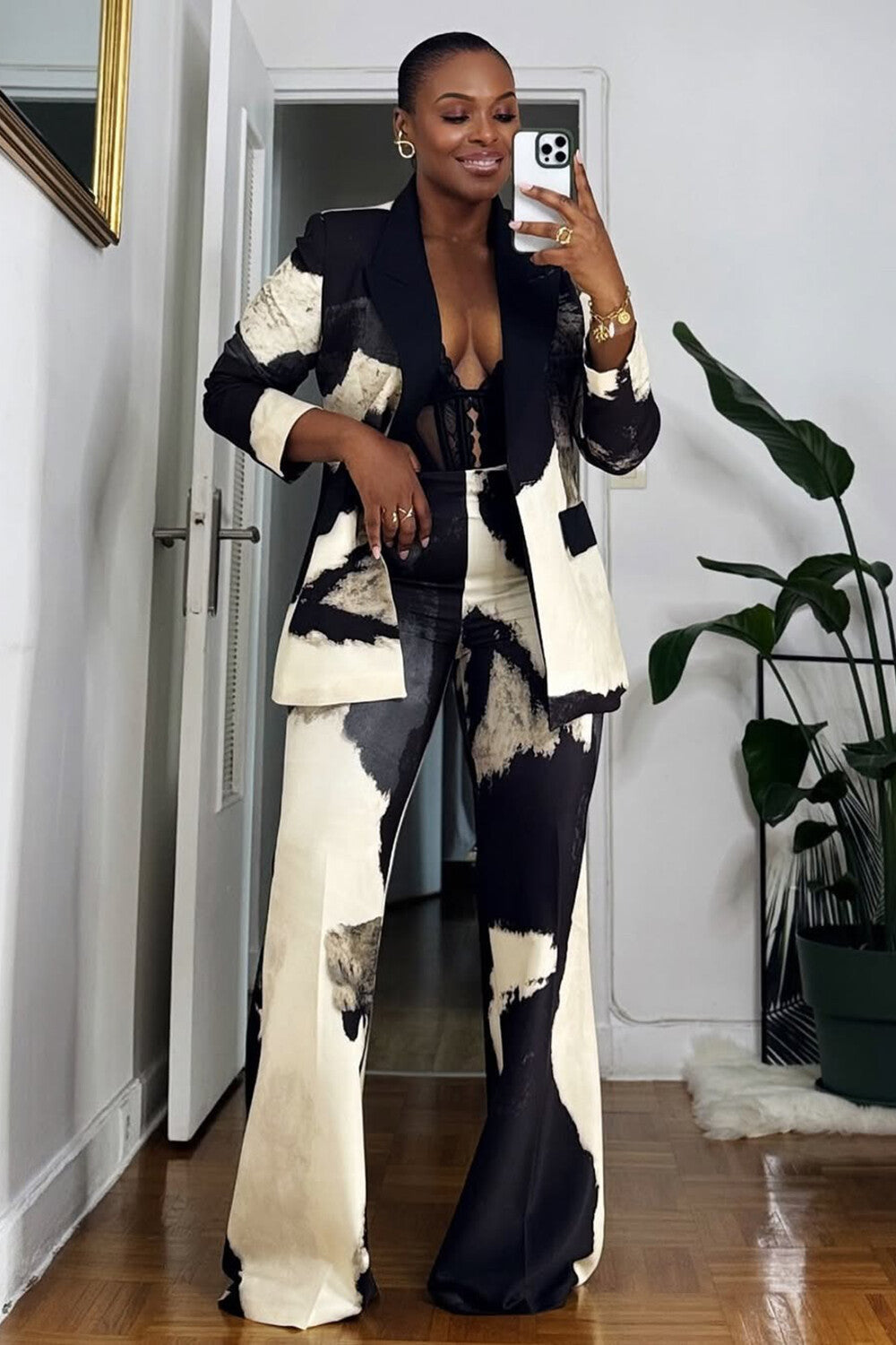 Pattern Print Colorblock Blazer High Waist Pants 2pcs Set-Black