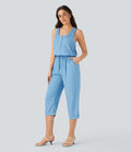 Drawstring Tapered Denim Like Casual Jumpsuit with Pockets