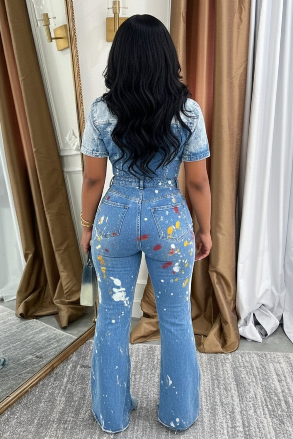 Splash Ink Print Denim Short Sleeve Bootcut Casual Jumpsuit-Blue