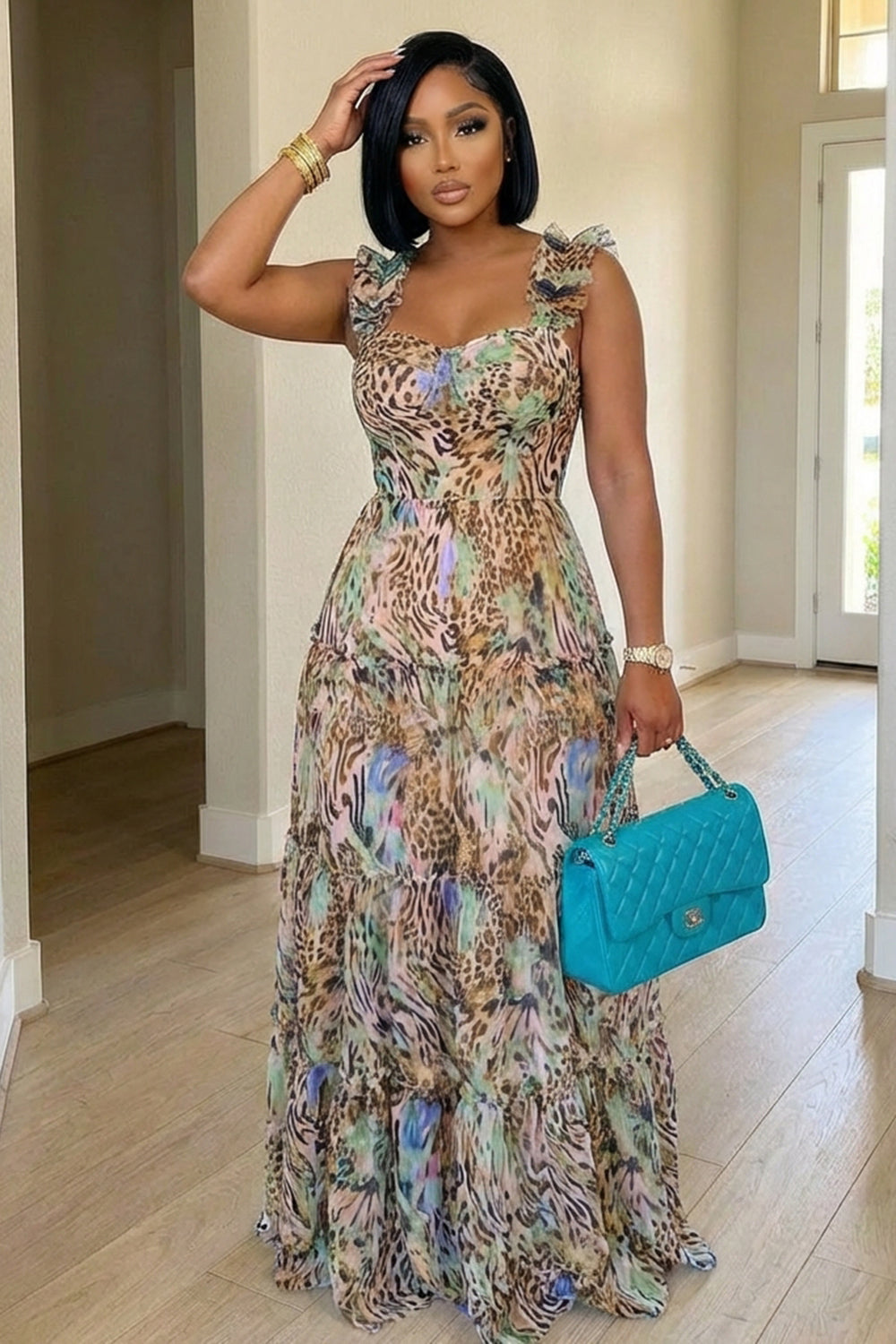 Wide Straps Cinch Waist A-Line Vacation Maxi Dresses-Multicolor