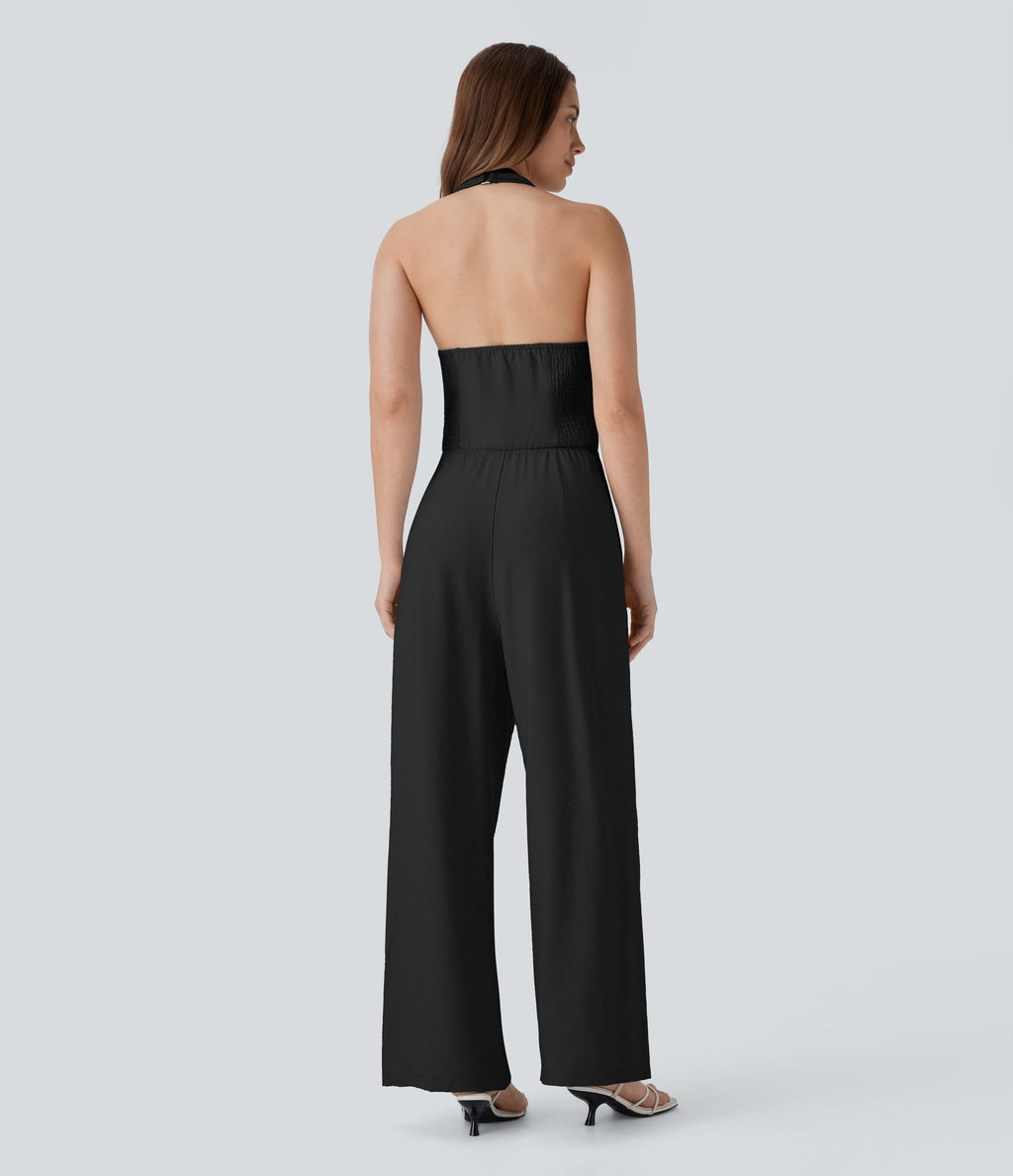 Halter Shirred Wide Leg Work Jumpsuit with Pockets