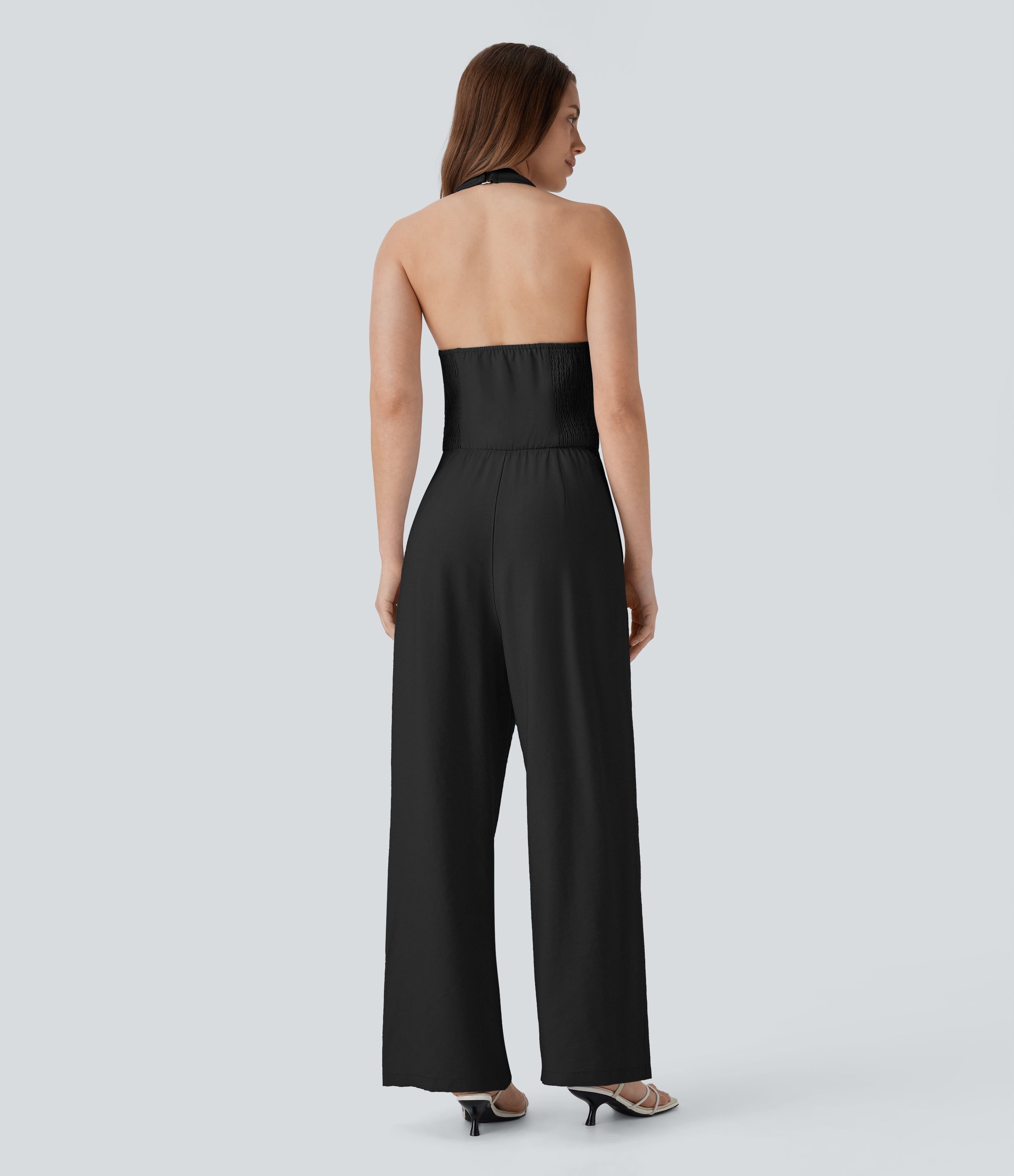 Halter Shirred Wide Leg Work Jumpsuit with Pockets
