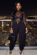 Mesh Mock Neck Long Sleeve Top Cuffed Pants Casual 2pcs Set-Black