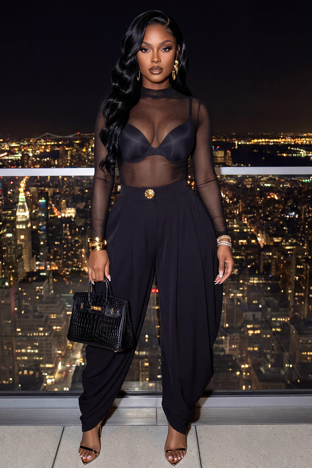 Mesh Mock Neck Long Sleeve Top Cuffed Pants Casual 2pcs Set-Black