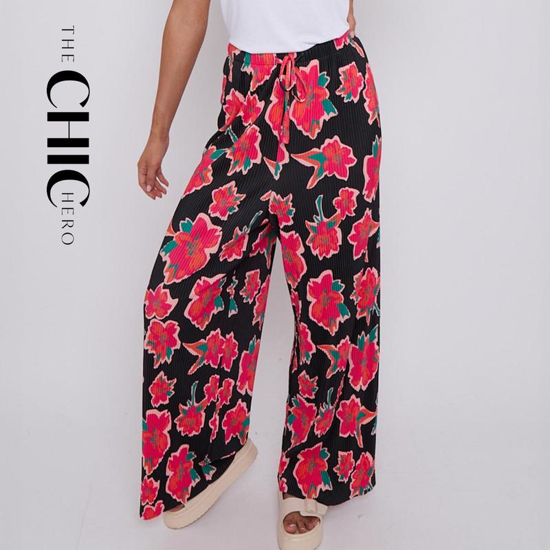 Black Flower Abstract Floral Print Wide-Leg Drawstring Palazzo Pleated Pants