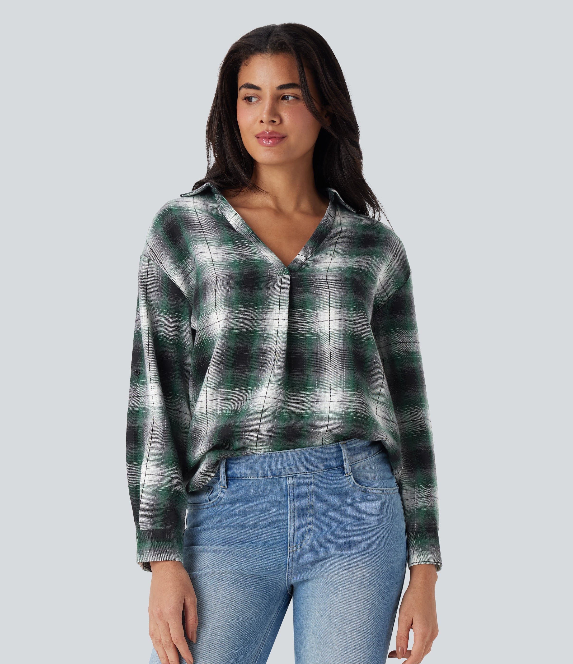 V Neck Curved Hem Plaid Casual Blouse