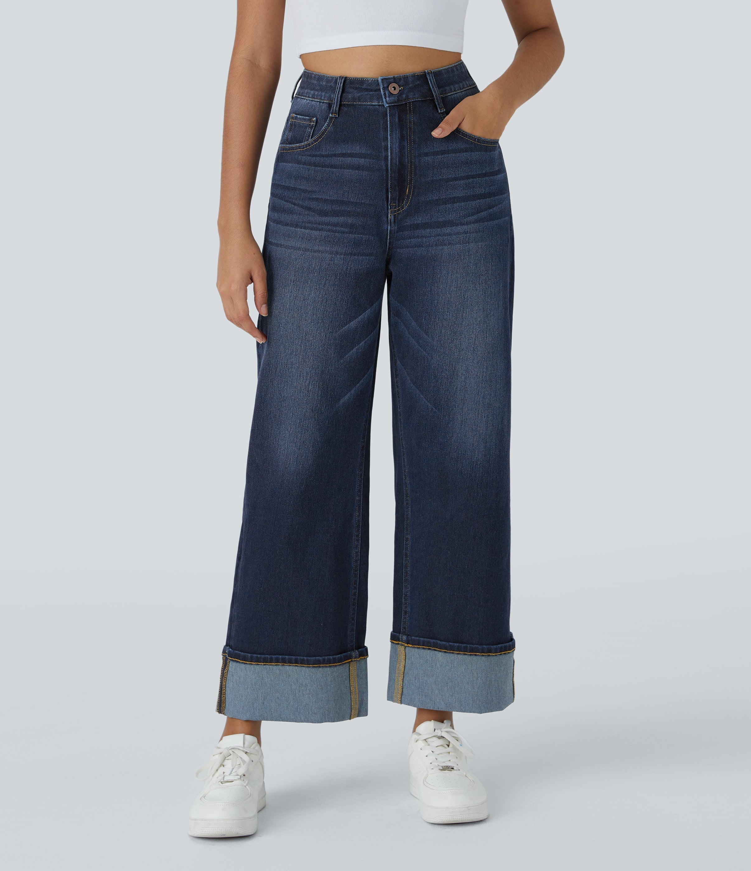 FlexTM High Waisted Multiple Pockets Rolled Hem Wide Leg Washed Stretchy Knit Casual Jeans