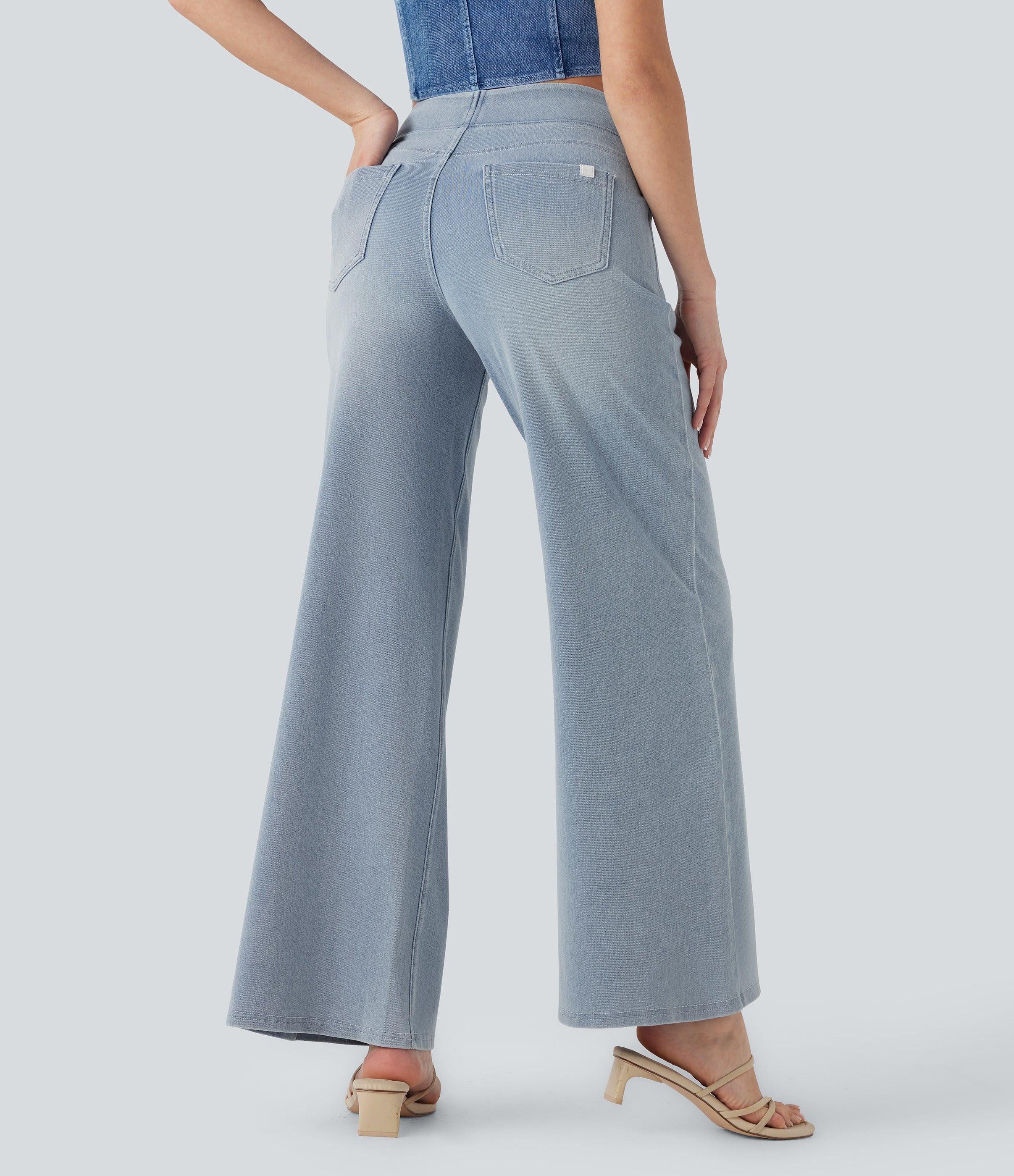 2026🔥 FlexTM High Waisted Multiple Pockets Baggy Wide Leg Washed Stretchy Knit Casual Jeans