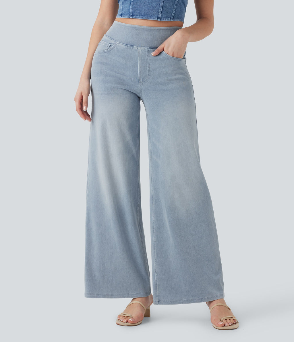 2026🔥 FlexTM High Waisted Multiple Pockets Baggy Wide Leg Washed Stretchy Knit Casual Jeans