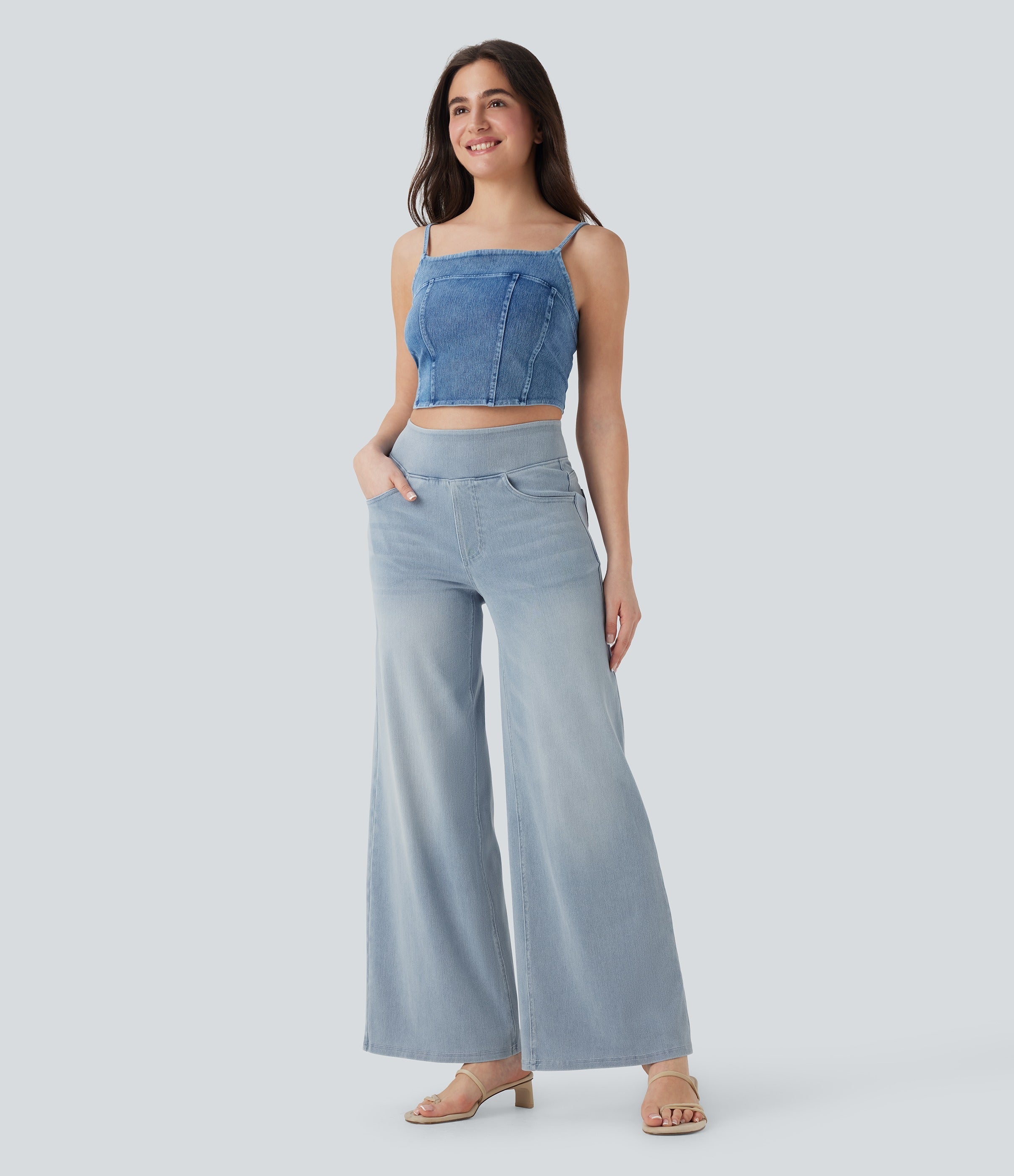 2026🔥 FlexTM High Waisted Multiple Pockets Baggy Wide Leg Washed Stretchy Knit Casual Jeans